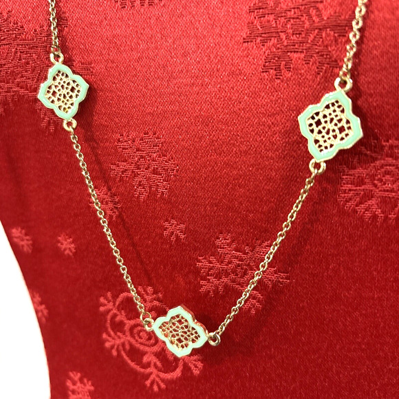 Fine Gold Station Chain Necklace w/ Mint Green Sections Single Strand Fashion - Picture 2 of 9